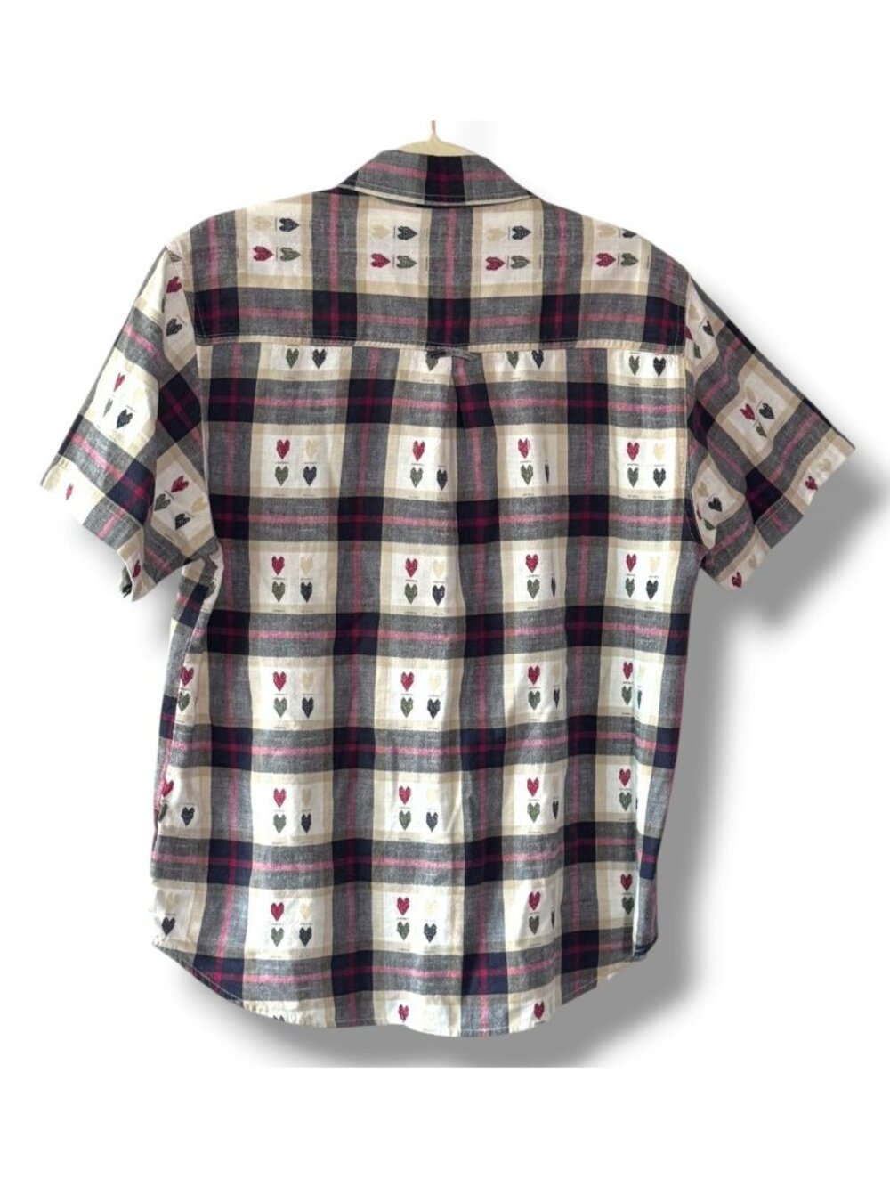 Vintage 80s Plaid Woven Hearts Cotton Short Sleeve Shirt Button Front - M - Picture 2 of 14